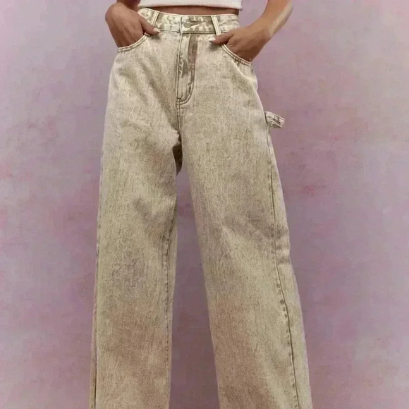 Khaki Casual Women's Washed Folded Hem Straight Leg Jeans - Picture 2 of 4